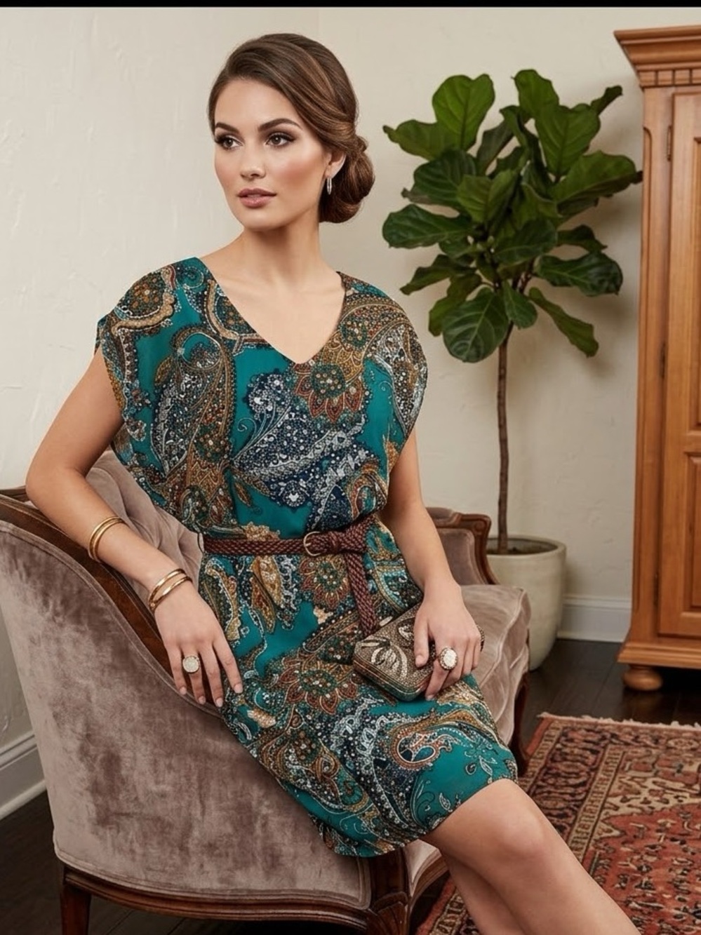 Enfocus Studio Paisley turquoise & brown Dress short sleeves & elastic waist 10